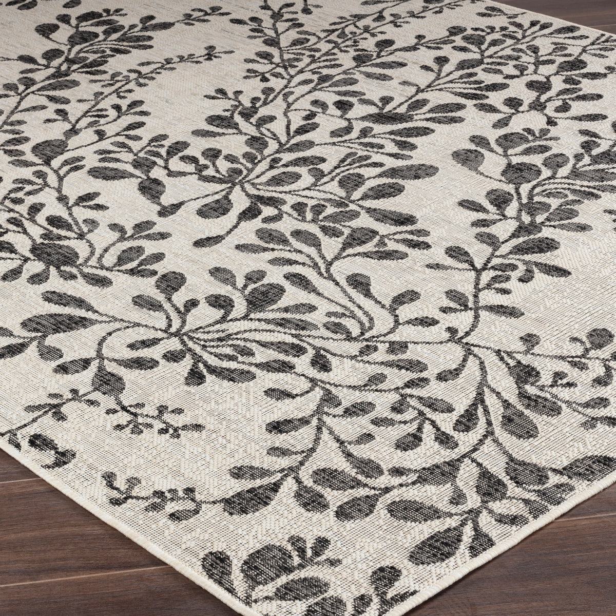 Tapis SURYA Hasselt extérieur, motif feuillage anthracite sur fond ivoire, vue 6