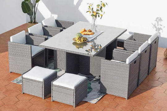salon de jardin encastrable pour 10 personnes en résine tressée Gris et blanc