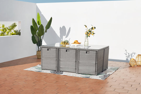 salon de jardin encastrable pour 10 places en résine tressée Gris et blanc