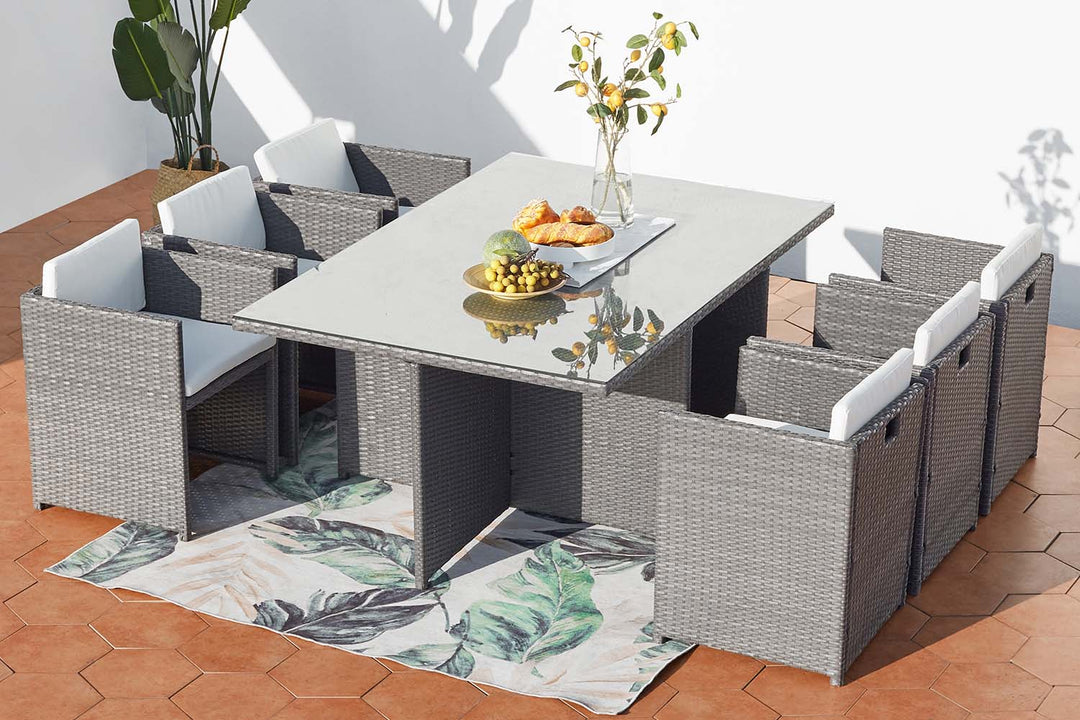 salon de jardin encastrable pour 6 personnes en résine tressée Gris et blanc