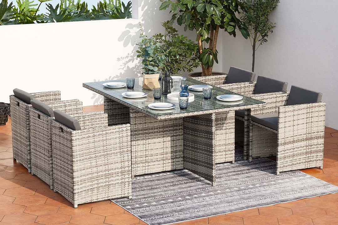 salon de jardin encastrable pour 6 personnes en resine tréssée gris et gris