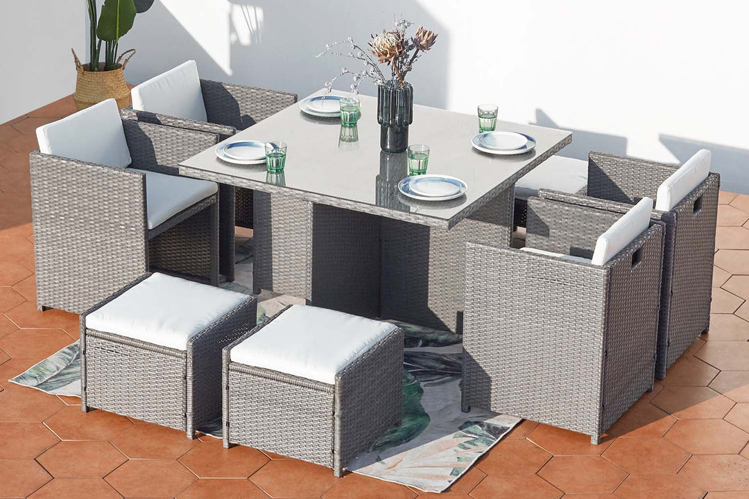 salon de jardin encastrable pour 8 personnes en résine tressée Gris et blanc