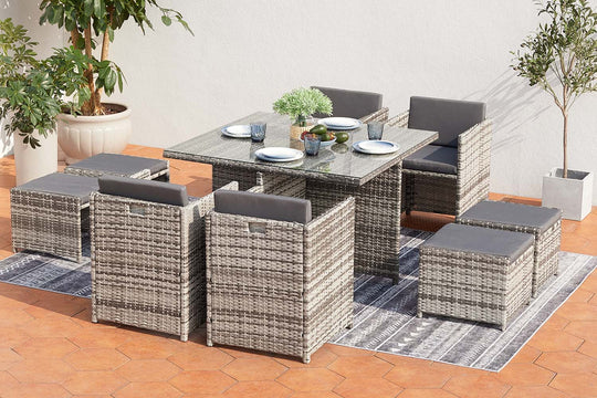 salon de jardin encastrable pour 8 personnes en résine tressée gris et gris