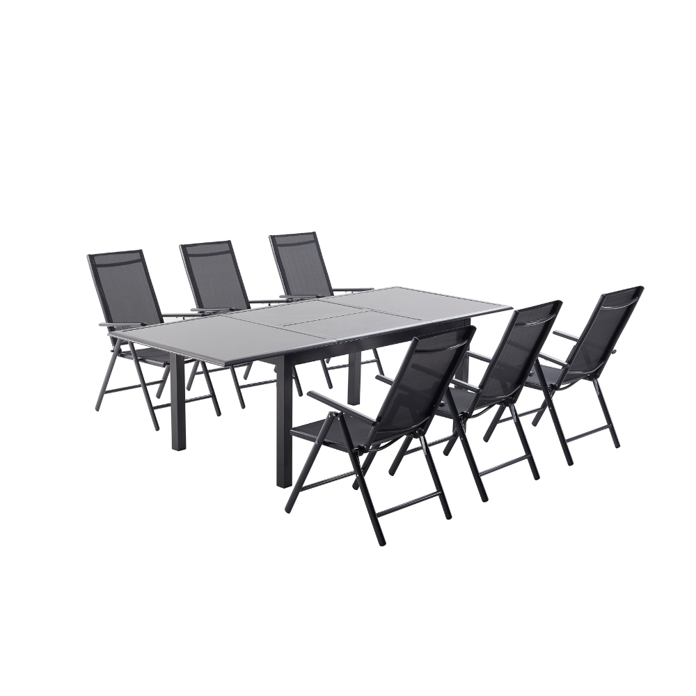 salon de jardin extensible en aluminium gris de 6 places Ravenne sur fond blanc en disposition 3-3
