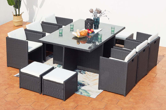salon de jardin pour 10 personnes en résine tressée Noir et blanc