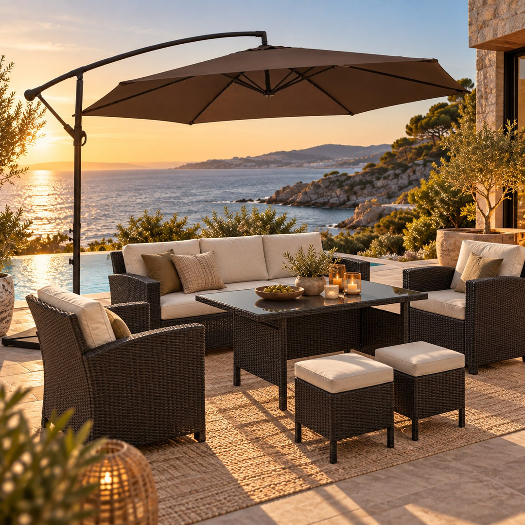 Salon de jardin 7 places en résine tressée avec canapé et poufs FASINO