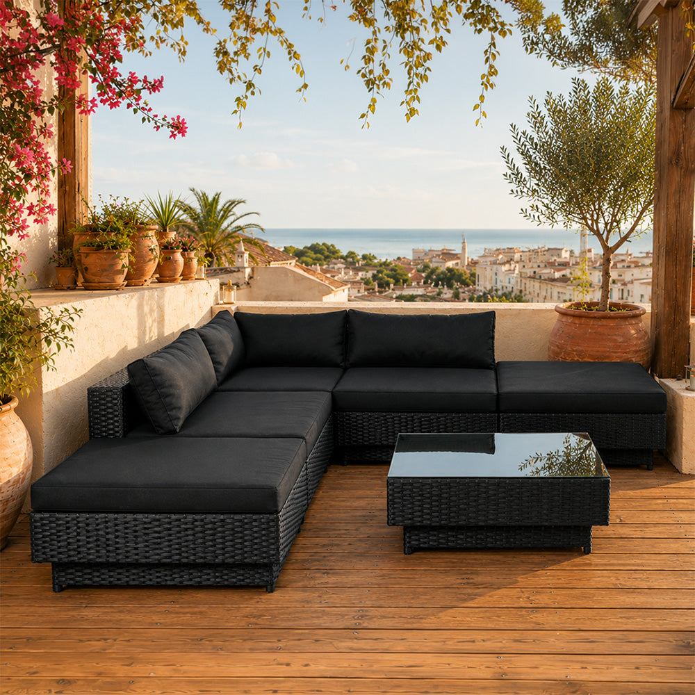 salon de jardin 5 places modulable en résine tressée noir et noir AMORGOS
