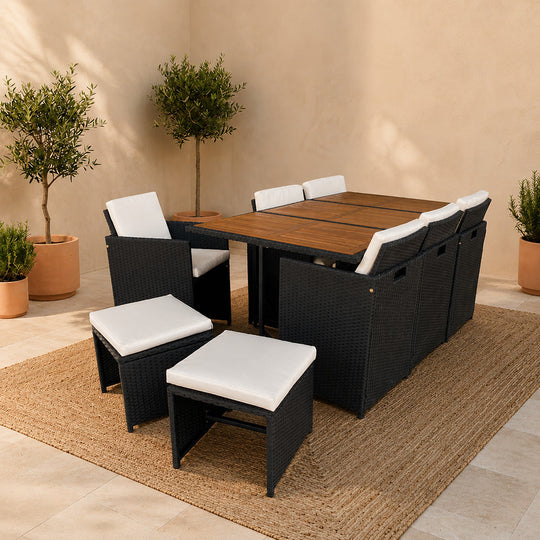 salon-jardin-encastrable-10-places-resine-tressee-noir et beige-toledo-ambiance cote-concept-usine