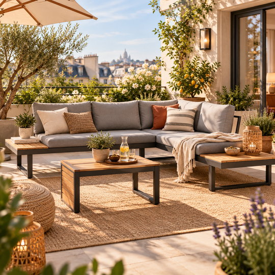 Salon de jardin 4 places DCB GARDEN Tokyo en bois d'acacia et aluminium gris anthracite — photo produit