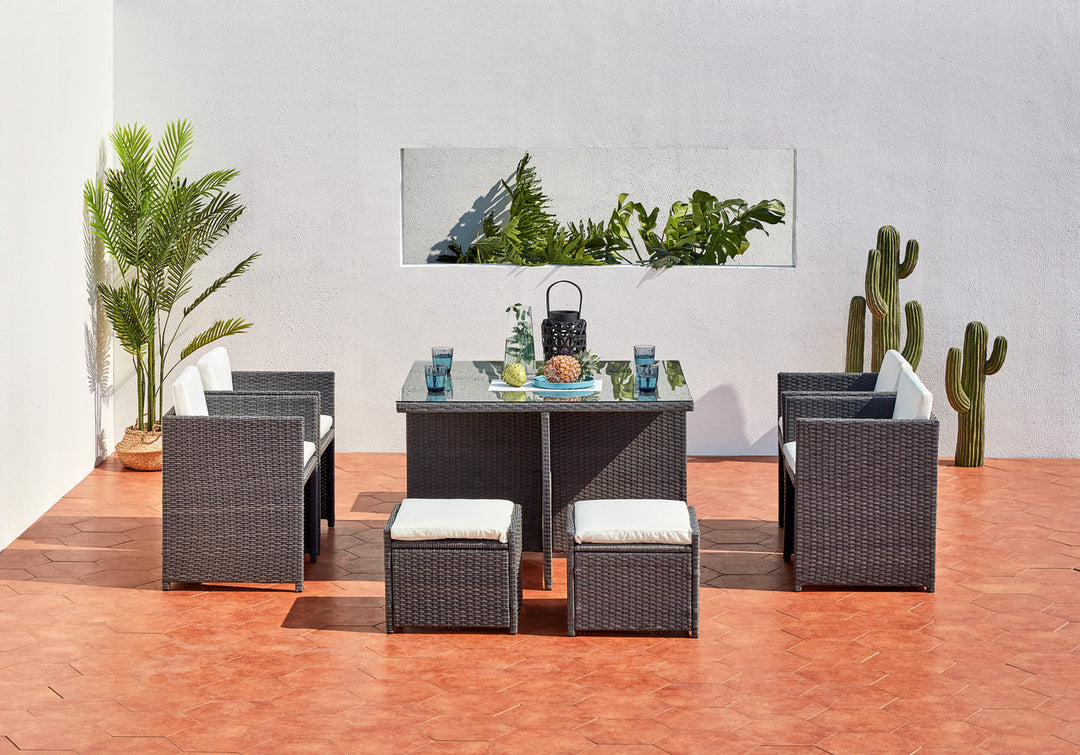 salon de jardin encastrable pour 8 personnes en résine tressée Gris et blanc