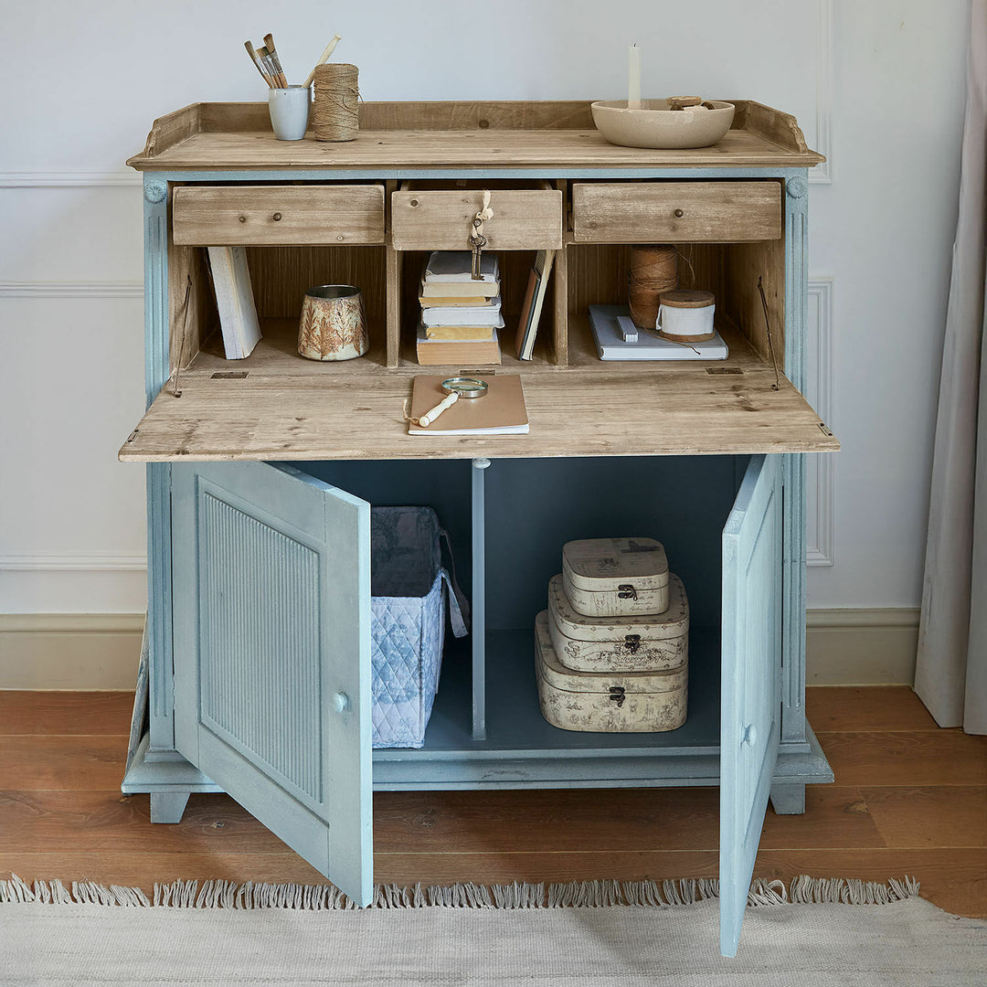 Secrétaire Marignelle bois bleu vieilli LOBERON — photo produit