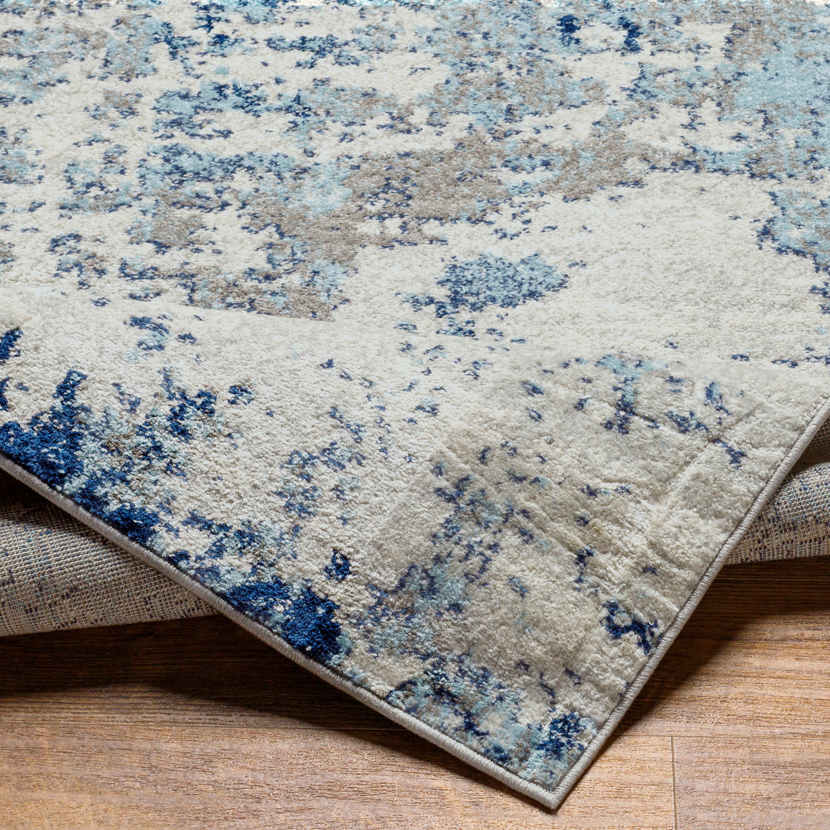 Tapis SURYA Dunkirk moderne, motif abstrait effet usé bleu foncé et turquoise sur gris clair, vue 5