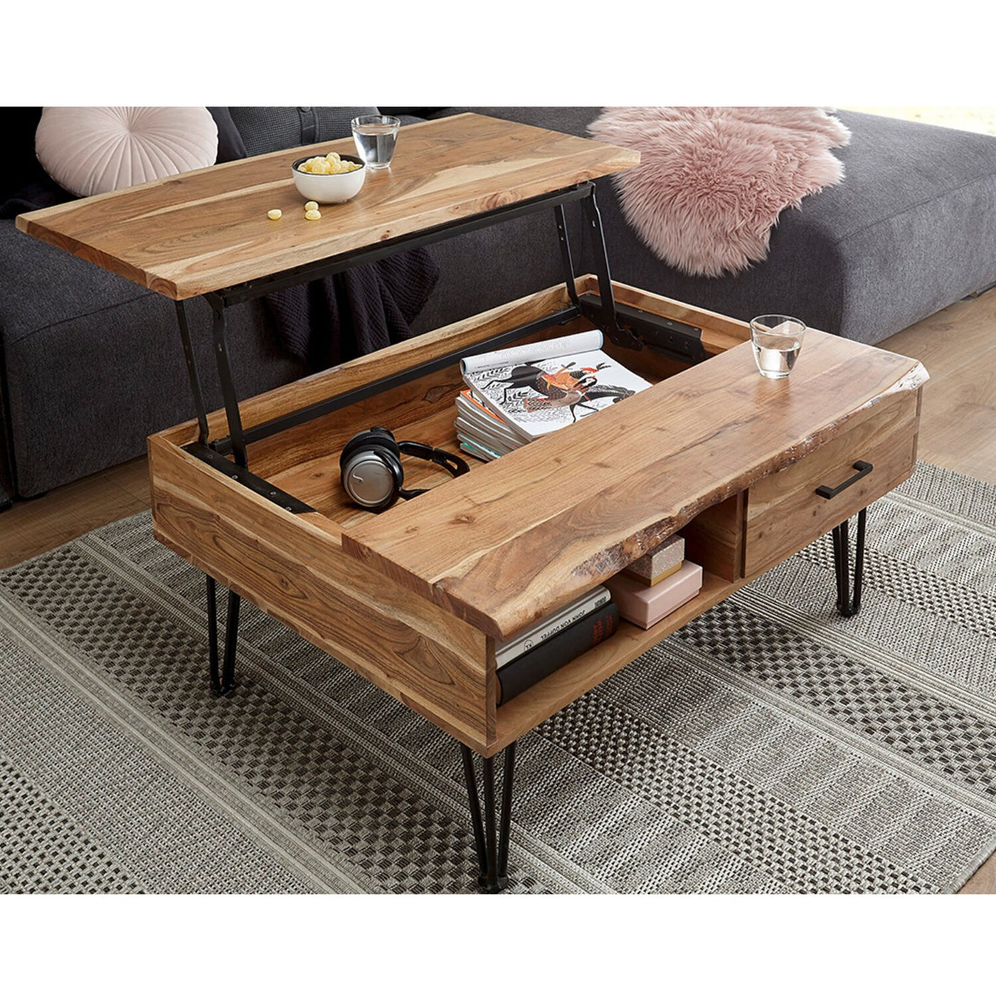 Table basse avec plateau relevable et un tiroir en acacia et métal