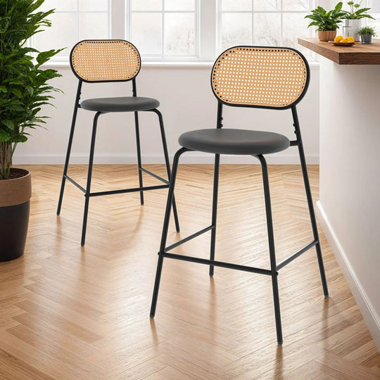 Lot de 2 tabourets Clarisse dossier cannage et assise noire