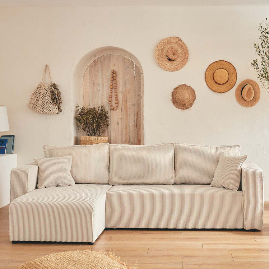 Canapé d'angle réversible Topaze 4 places convertible avec coffre en velours côtelé beige