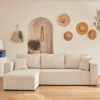 Canapé d'angle réversible Topaze 4 places convertible avec coffre en velours côtelé beige