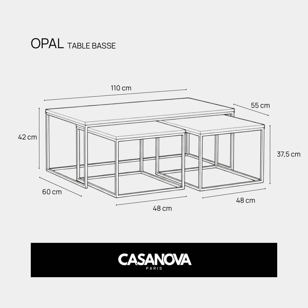 Set de 3 tables CASANOVA Opal basses rectangulaires 110 cm pieds en bois foncé et métal — photo produit