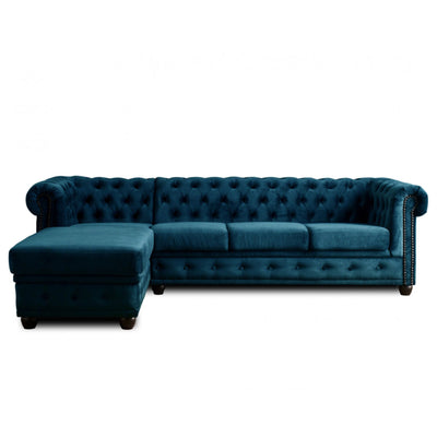 Canapé d'angle gauche William Chesterfield 4 places en velours bleu canard