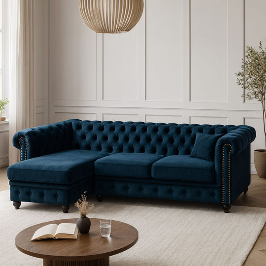 Canapé d'angle gauche William Chesterfield 4 places en velours bleu canard