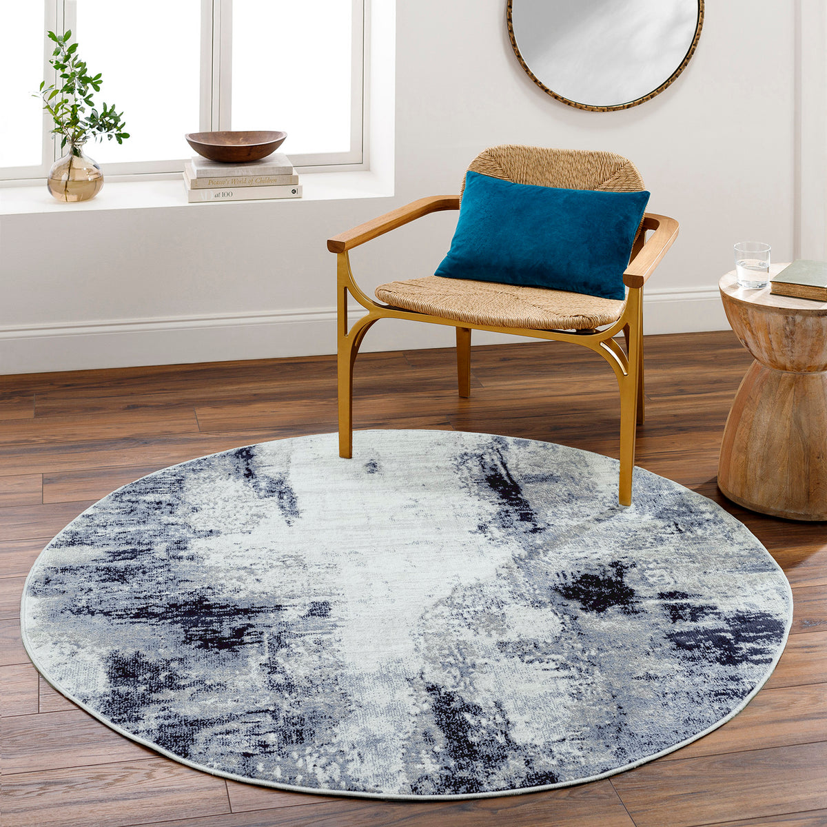 Tapis rond SURYA Helsinki moderne, motif abstrait bleu encre et anthracite sur fond blanc, vue 9