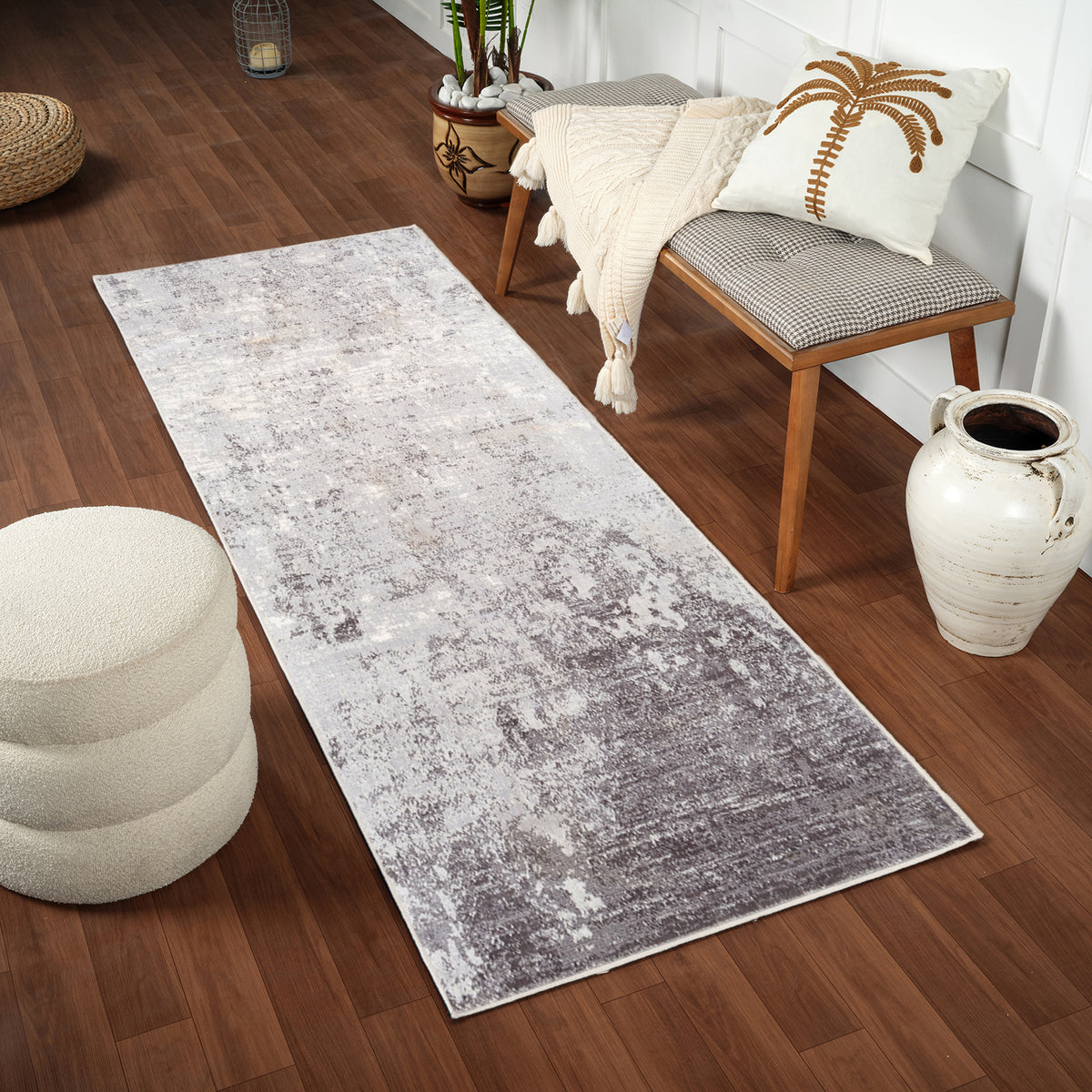Tapis de couloir SURYA Bangkok abstrait moderne, motif patiné, gris, blanc et anthracite