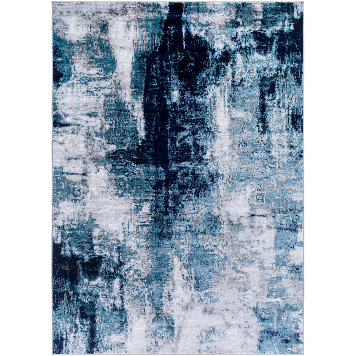 Tapis SURYA Helsinki moderne, motif abstrait façon peinture bleu encre, bleu ciel, gris et blanc, vue 2