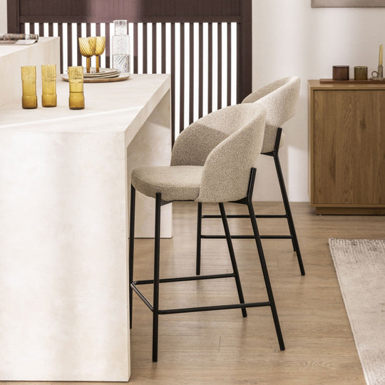 Lot de 2 chaises de bar DRAWER Soren en tissu bouclette beige chiné et métal H65cm