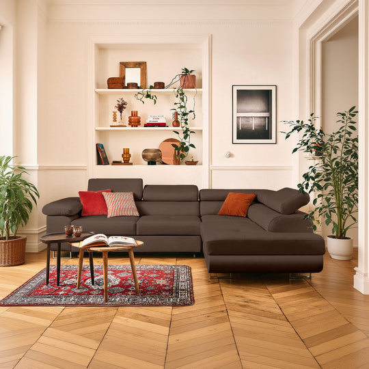Canapé d'angle droit convertible BEST MOBILIER Zaria 5 places avec coffre et têtières en simili marron